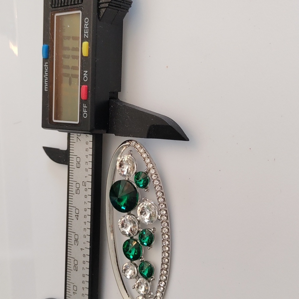 Silver Oval Drop Earrings with Emerald Green and Clear Stones - Picture 3 of 4